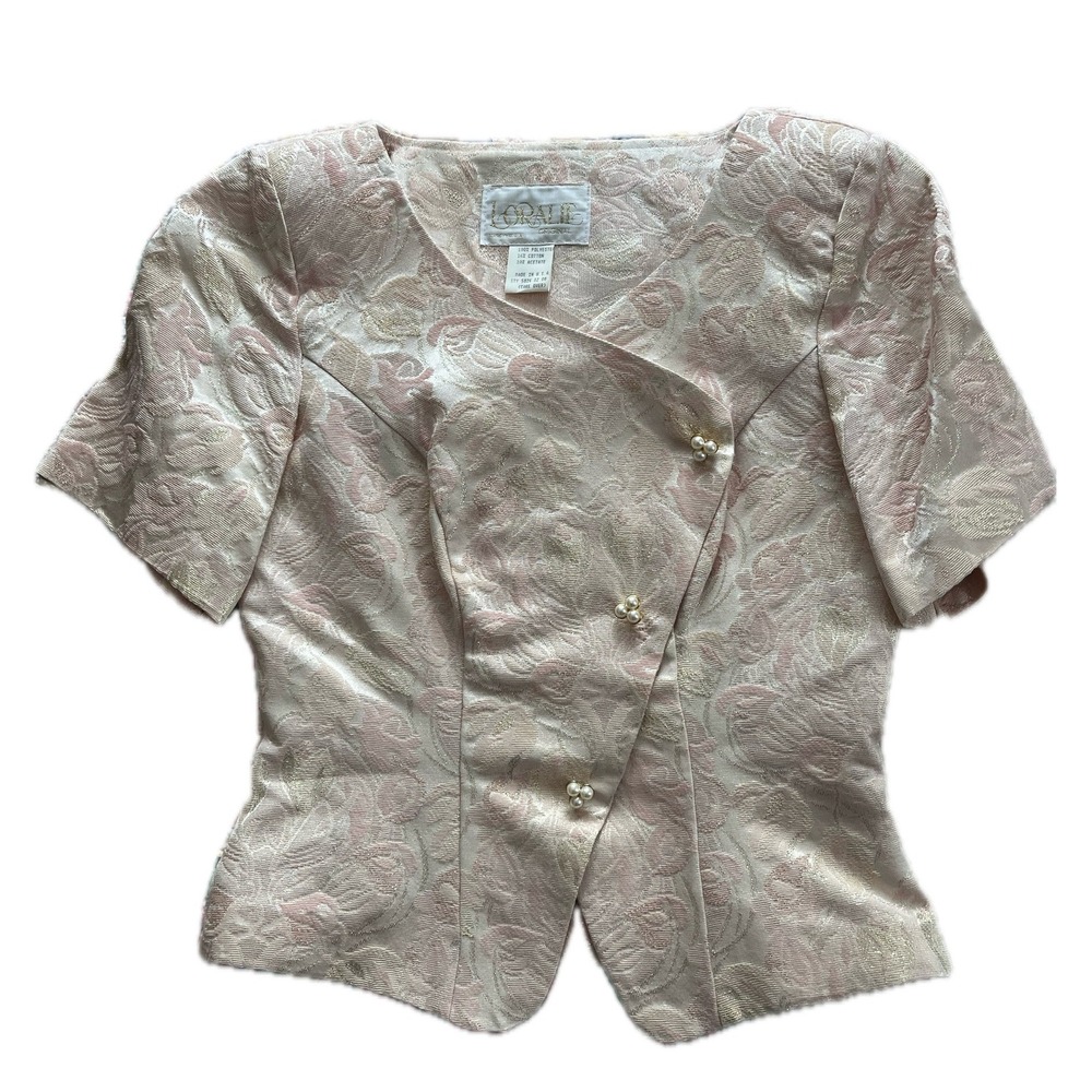 Vintage Cottagecore Feminine Pink Gold Floral Jacquard Brocade Pearl Blouse Sz 8